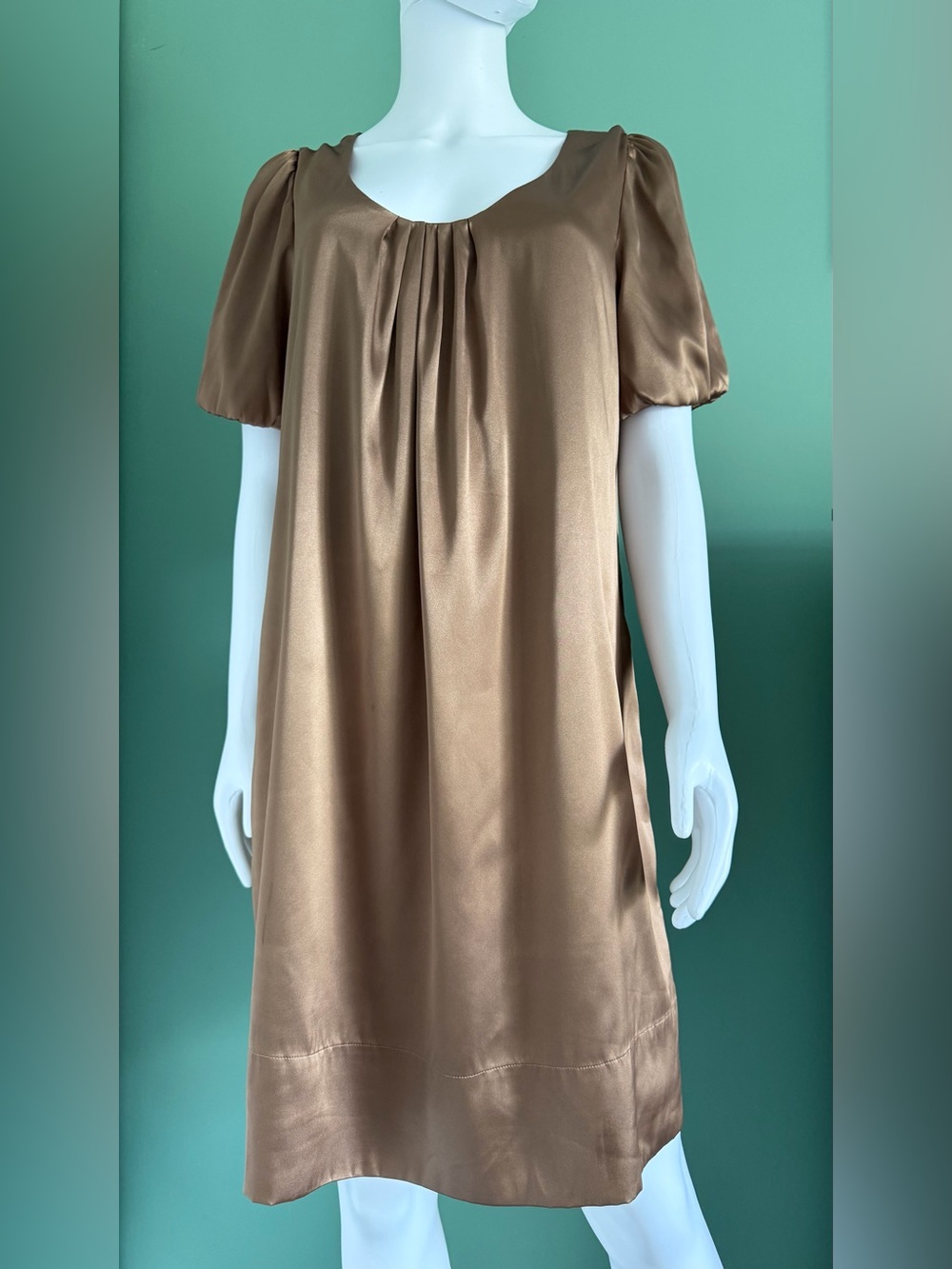 Sonya’s Bronze Satin Pleated Short Sleeve Shift Dress